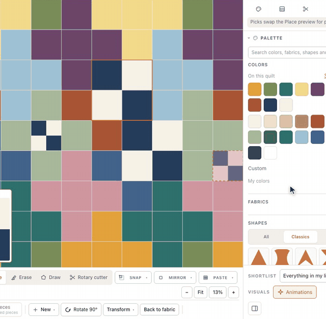 In the designer, four squares of a navy and cream patch are selected and right-click → Copy selection to place tool picks them up; a click drops the copy at full size elsewhere on the quilt, and with Paste set to Into one space the next click shrinks the whole patch into a single square
