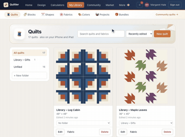 On the Quilts page, Delete on the Library – Practice Quilt card is pressed and confirmed, and the quilt leaves the list while the others stay