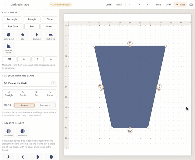 In the Shape Designer, Free form places four corners of a tumbler on the grid, Enter closes the shape, and Sizes labels each edge with its finished length