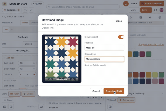 In the designer, More, Share & social content, Download image shows a picture of the quilt; Include credit is turned on, Made by and Margaret Hale are typed as its two lines and appear along the bottom of the picture, and Download PNG is pressed