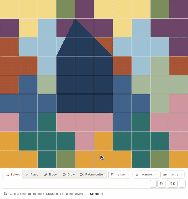 In the designer, Draw is picked in the tool dock, five clicks drop the corners of a house shape on the Plus Quilt, the bar's hint counts them, and Close shape turns the outline into a navy house-shaped piece