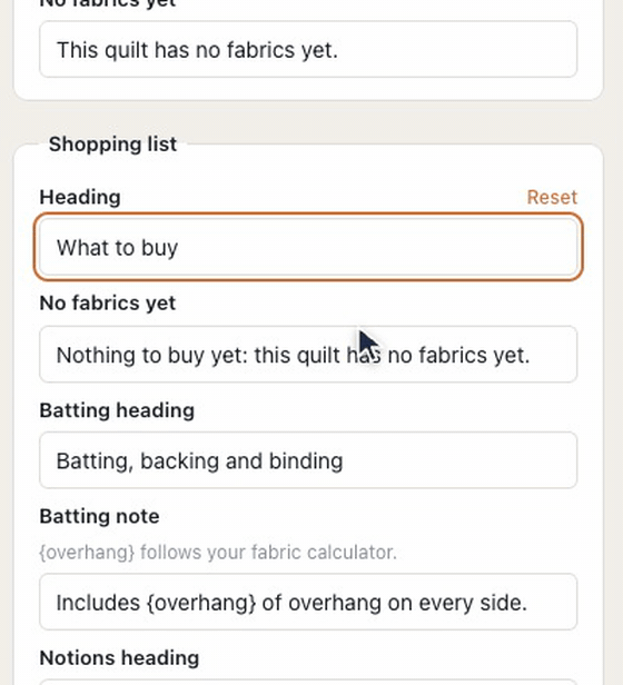On the printable pattern's Wording tab, the Shopping list heading is cleared and retyped as What to buy, and a Reset appears beside it