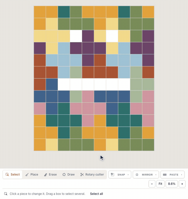 In the designer, Erase is picked in the tool dock, two taps take two squares off the Plus Quilt, and a drag along a row takes off every square it passes