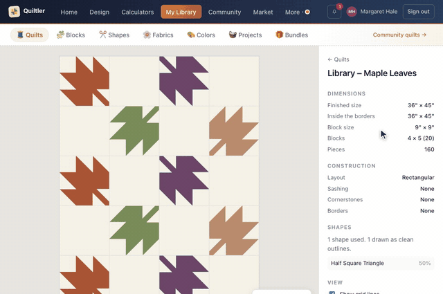 On the Quilts page, maple is typed into Search quilts and fabrics and the list narrows to the two Maple Leaves quilts; pressing Library – Maple Leaves opens it, with its finished size, block size and pieces beside the picture