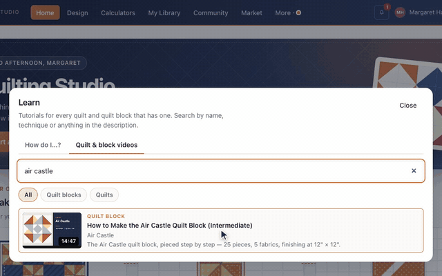 From More in the top bar, Learn opens; Quilt & block videos lists the tutorials, typing air castle narrows them to How to Make the Air Castle Quilt Block, and the pointer rests on it
