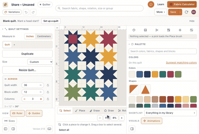 On the studio home, Start a quilt opens Continue a draft? with an unsaved Sawtooth Stars quilt, Share – Unsaved Stars, edited just now; clicking it opens the quilt on the design wall again