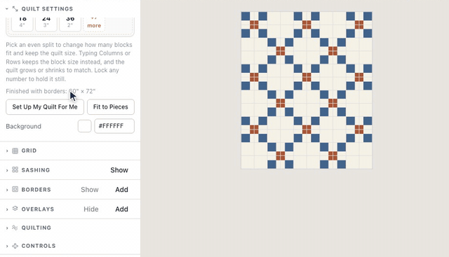 An Irish Chain fills only the top-left corner of a 90 by 108 inch quilt; Fit to Pieces in Quilt settings trims the quilt to the pieces, 60 by 72 inches, with nothing empty round them
