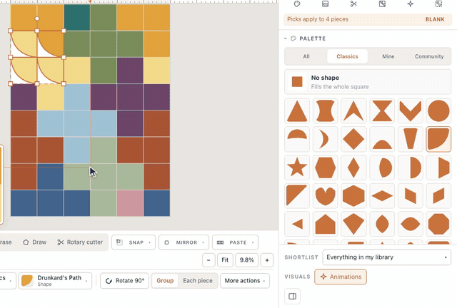 In the designer, four selected squares of a Plus Quilt become half-square triangles when Half Square Triangle is picked in the palette’s Shapes, Rotate 90° turns them, and Drunkard’s Path gives them a curve instead