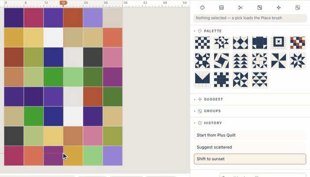 In the designer, a Plus Quilt that Suggest scattered and recolored sunset; History at the bottom of the right panel lists the steps, a click on the first puts the plus back as it started, and a click on the last brings the sunset colors back