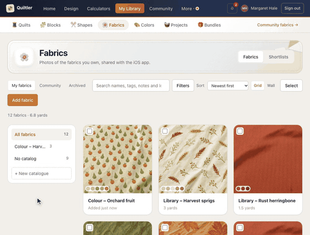 In My Library → Fabrics, Add fabric opens Add a fabric; a photo’s link is pasted under From a website and Find fabrics offers it in Choose fabrics; picked and opened with Add 1 fabric, it is named and Add fabric puts it first in the stash