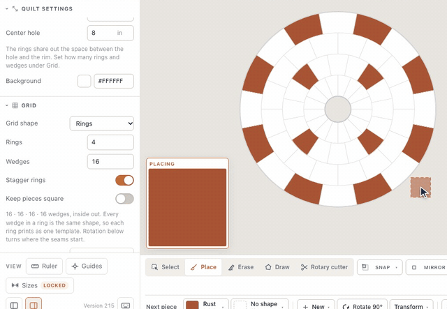 Grid shape set to Rings turns a blank quilt into a circle of four rings of curved wedges; an 8 inch center hole opens, Stagger rings steps the seams, and wedges of the outer and second rings are painted rust