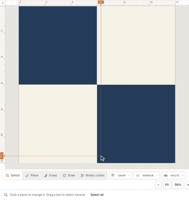In the designer, four navy and cream squares on the Plus Quilt are shift-clicked, More actions → Make quilt block is pressed, and the block builder opens with the four pieces as a new block