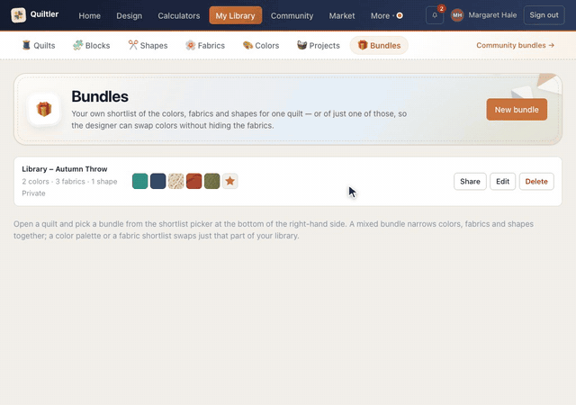 On the Bundles page, New bundle opens the editor; it is named Library – Autumn Throw, three fabrics, two colors and a star shape are ticked, and Save 6 items lists the bundle with its pictures