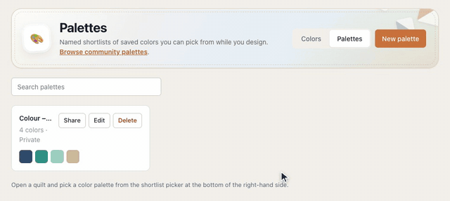 In My Library → Colors → Palettes, New palette is named Seaside, four saved colors are ticked into In this palette, and Save 4 colors adds the palette with its four color chips