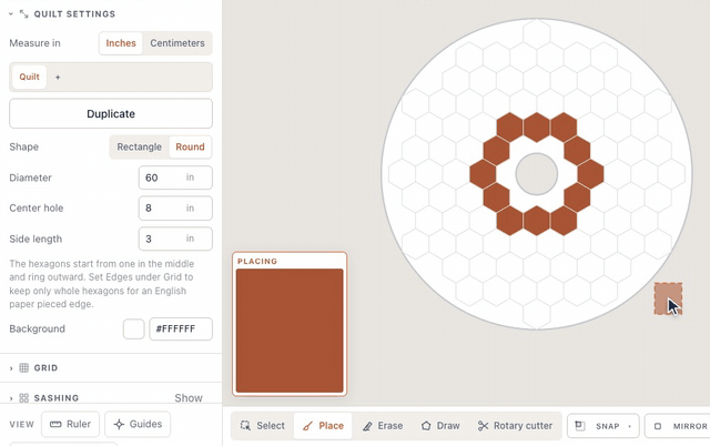 A hexagon quilt's Shape set to Round becomes a circle of whole hexagons; Side length 3 makes them smaller, Center hole 8 opens a hole for the trunk, and a ring of rust hexagons is painted round it