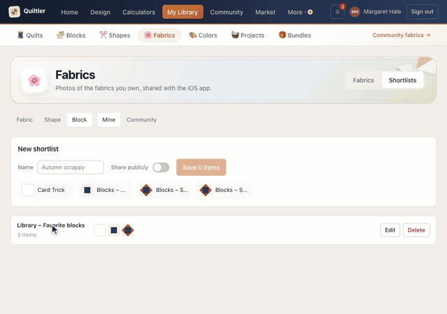 On the Fabrics page, the Shortlists tab is opened and Block chosen; the new shortlist is named Library – Favorite blocks, three blocks are ticked, and Save 3 items lists it with their pictures