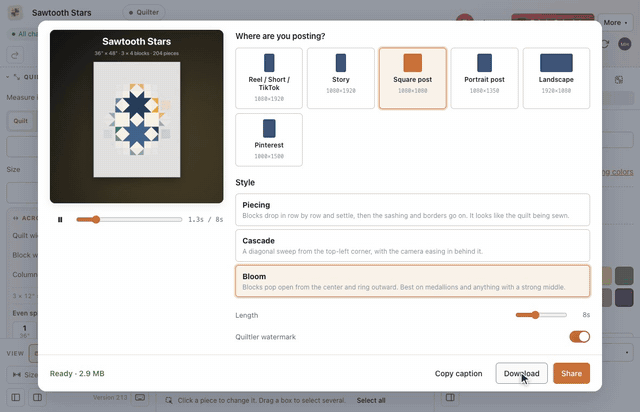 In the designer, More, Share & social content, Make video opens the share video studio with a preview of the quilt's blocks animating in; Square post and the Bloom style are chosen, and Create video makes the video, ready to download or share