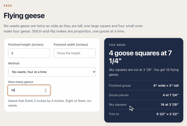 On the Flying geese calculator, typing a 3 inch finished height and 16 geese gives 4 goose squares at 7 1/4 inches and 16 sky squares at 3 7/8 inches, trimmed to 6 1/2 by 3 1/2 inches