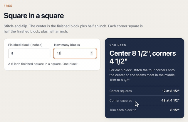 On the Square in a square calculator, typing an 8 inch block and 12 blocks gives 12 center squares at 8 1/2 inches and 48 corner squares at 4 1/2 inches