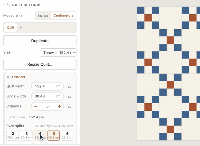 In Quilt settings, pressing Centimeters beside Measure in turns the Irish Chain’s 60-inch quilt width into 152.4 cm and its 12-inch blocks into 30.48 cm, and the even splits below read in centimeters too