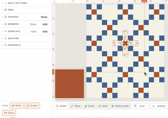 Under the designer’s settings, Ruler draws inch rulers along the design wall and Guides runs lines from the pointer out to them; with a rust square of the Irish Chain selected, Sizes labels each of its edges 4 inches