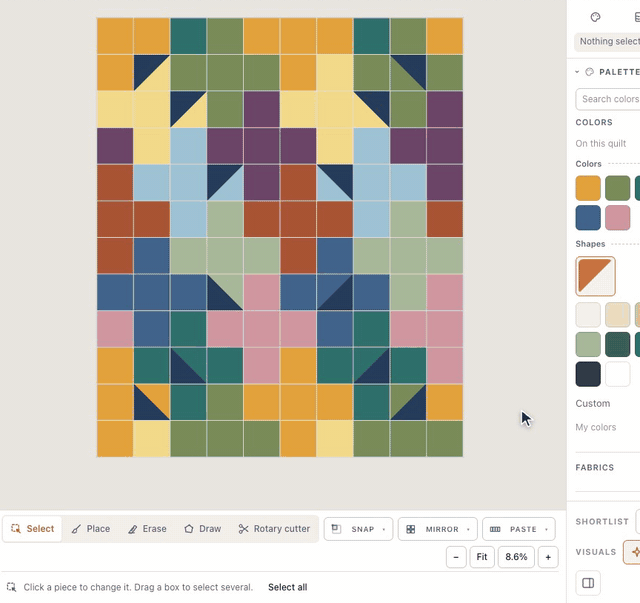 In the designer, the Mirror menu previews Left to right and Top to bottom as the cursor passes them, Four-way is chosen, and three navy triangles clicked into the top-left quarter of the Plus Quilt each land with reflected copies in the other three quarters