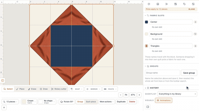 In the block builder's Fabric slots, Fabric 1, 2 and 3 are renamed Center, Background and Triangles, and pressing the Background swatch selects the block's twelve cream pieces