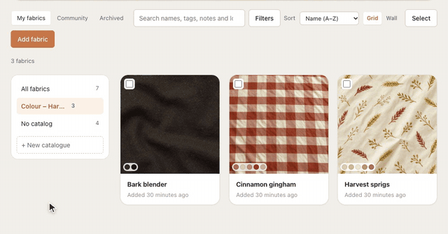 In My Library → Fabrics, three autumn prints are ticked, Add to catalog → New catalog… files them in a new catalog, and clicking the catalog in the list shows just those three