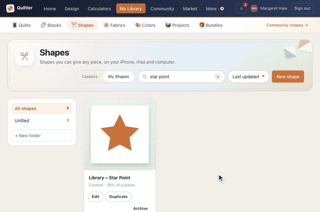 On the Shapes page under My Shapes, Duplicate on Library – Star Point adds a copy, Library – Star Point (copy), to the shelf, and Archive on the copy takes it off again while the star itself stays