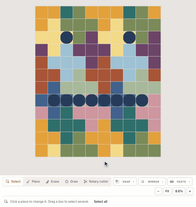 In the designer, Place is picked in the tool dock, the Fabric chip is set to Navy and the Shape chip to Circle, two clicks drop navy circles on squares of the Plus Quilt, and a drag along a row lays a run of them