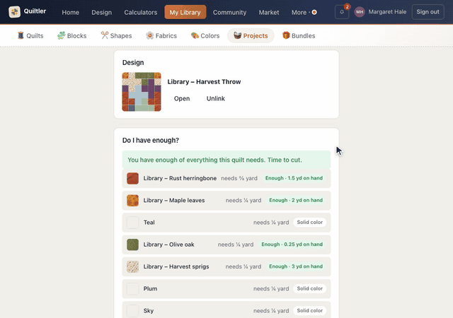 On the Projects page, New project opens a fresh plan; it is named Library – Autumn Throw and set to Planned, the Library – Harvest Throw design is linked and Do I have enough? appears, and + Batting and + Binding go on the checklist