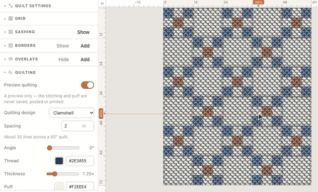 In the Quilting section, Preview quilting shows the Irish Chain quilted in a crosshatch with the batting puffed between the lines; Quilting design set to Clamshell and a navy Thread change the stitching