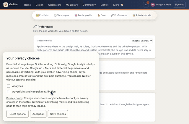 On the account page, Preferences jumps to Privacy choices; Manage privacy choices opens Your privacy choices with Analytics and Advertising and campaign attribution, and Reject optional leaves both off