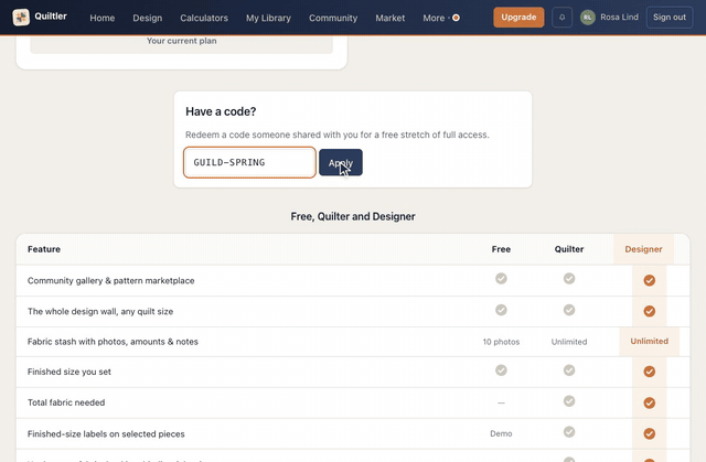 Upgrade in the top bar opens the plans; the page moves down to Have a code?, a code is typed into Enter a code, and the pointer rests on Apply