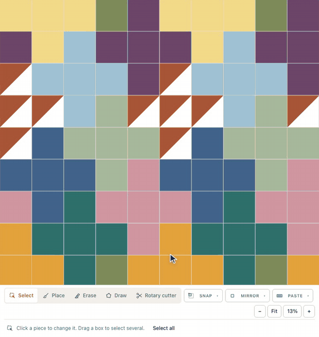 In the designer, Place is loaded with a half-square triangle, the New menu is switched to Replace with All matches and Keep Fabric, and one click on a rust square turns every rust square on the Plus Quilt into a rust half-square triangle