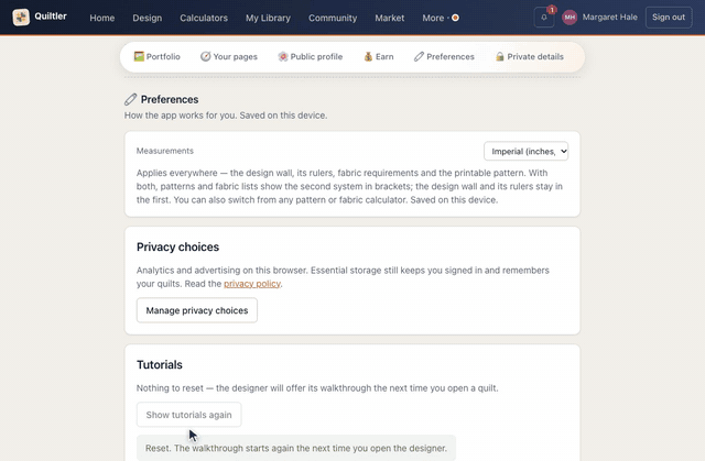On the account page, Preferences jumps to Tutorials; Show tutorials again is pressed and a note confirms the walkthrough starts again the next time the designer opens