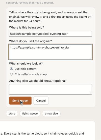 Under a pattern's license, Report this pattern as stolen opens a form; the address where the copy is sold and the address of the original are typed in, Just this pattern stays chosen, and the pointer rests on Send report