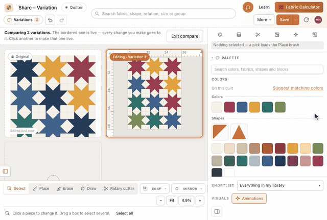 A saved Sawtooth Stars quilt: Variations, then Save first variation starts Variation 2; its navy pieces are selected and turned berry, and Compare shows the navy original and the berry variation side by side