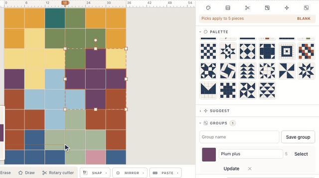 In the designer, five plum squares of a Plus Quilt are selected; typed as Plum plus in Groups and saved with Save group, the group is listed with five pieces; one sky square is clicked, then the group’s Select picks all five plum squares up again
