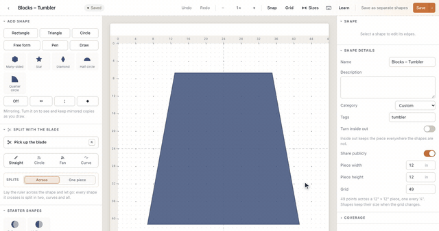 In the Shape Designer's Shape details, a tumbler is named Blocks – Tumbler and tagged tumbler, Share publicly is turned on, and Save stores it