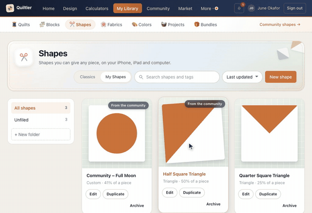 On the community's Shapes tab, Save to my shapes on Community – Full Moon by Margaret Hale turns to In your shapes, and My Shapes opens June's own shapes with the moon in them