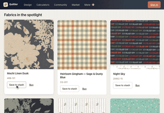 The market's Fabric tab lists the fabric shops; Quiltler Fabrics opens on its own page, which moves down to Fabrics in the spotlight, and the pointer rests on a print's Save to stash button beside Buy