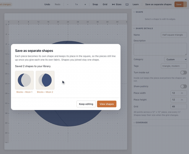 In the Shape Designer, the Full moon's two curved pieces are saved with Save as separate shapes: the dialog names them Blocks – Moon, and Save 2 shapes saves Blocks – Moon 1 and Blocks – Moon 2 to the library