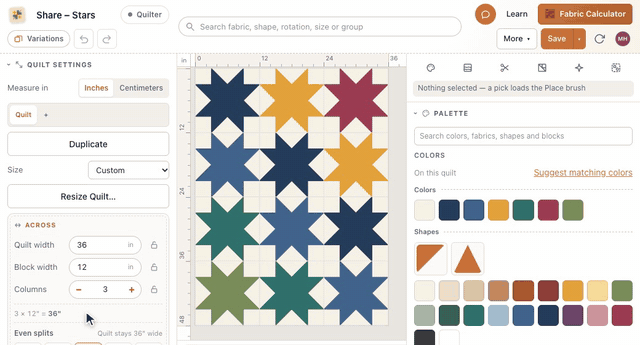 A new Sawtooth Stars quilt with no name: Save opens Name your quilt, Share – Stars is typed and saved, and the quilt is saved under its new name in the top bar