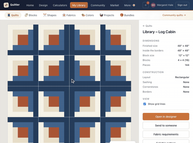 Pressing the Library – Log Cabin card opens the quilt's page: beside the picture, Dimensions lists its finished size of 48 by 48 inches, block size, blocks and pieces, Construction its layout, sashing and borders, and Show grid lines takes the block grid off the quilt and puts it back