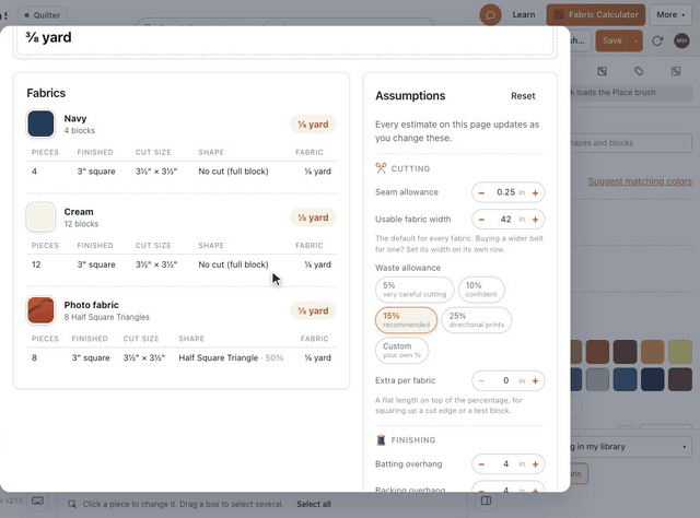In the block builder, Fabric Calculator opens Fabric for this block: ⅜ yard of piecing fabric per block, then each fabric with its pieces, finished size, cut size and yardage