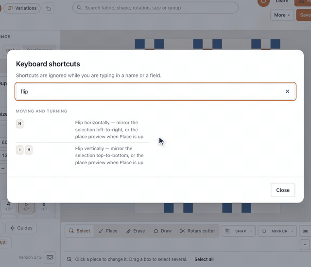 The keyboard button at the bottom of the designer’s settings panel opens Keyboard shortcuts, grouped by Tools, Overlays and more, and typing flip into its search leaves the flip shortcuts, H and Shift H