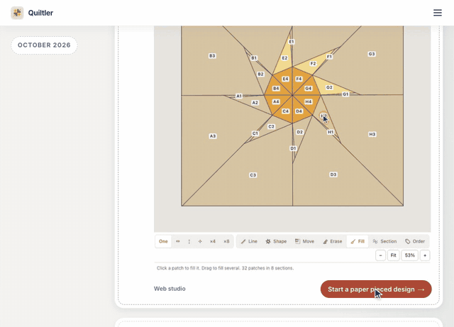 The What's New in Quiltler page: See what's new goes down to October 2026, and the page moves on through the newest entries, each with what changed, an animation of it and a button to try it