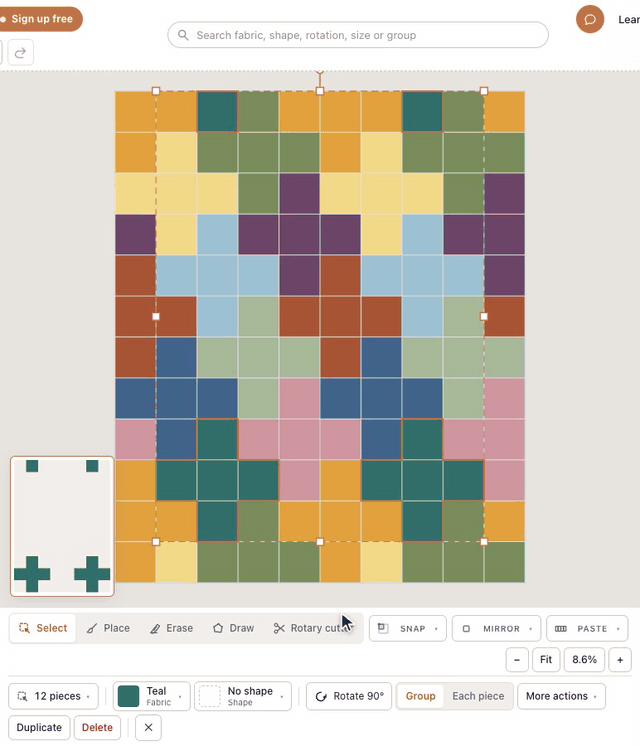 In the designer, the search box at the top lists the colors on the Plus Quilt with a count for each; typing teal narrows it to Teal, 12, and clicking it selects all twelve teal squares before Done closes the list