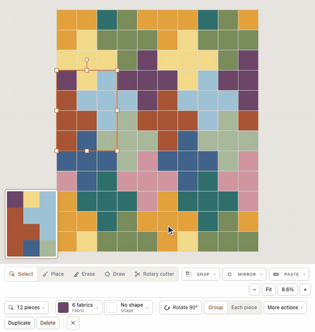 In the designer, a click selects one square of the Plus Quilt, shift-clicks add the two beside it, a click on the empty design wall lets them go, and a box dragged from the wall across the quilt's corner selects the twelve squares it touches